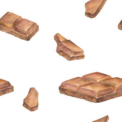 Seamless pattern with chocolate watercolor illustration, hand drawn. Drawing of chocolate bar. Engraving for food packaging design