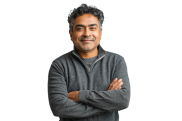 Smiling mid-age Indian man using a laptop.