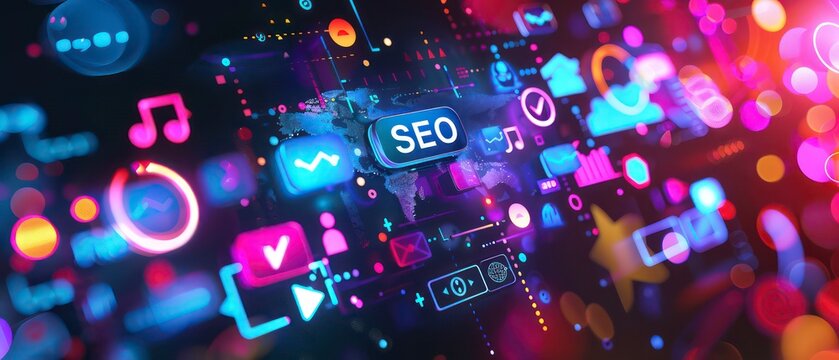 seo modern web interface, vibrant icons float over analytics graphs, symbolizing a strategic approach to digital marketing