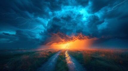 A painting of a road running through a grassy field under a stormy sky with lightning and rain