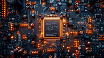 Fototapeta premium Printed power supply circuit with integrated signal processing system, detailed vision, vibrant and modern electronic design 8K , high-resolution, ultra HD,up32K HD