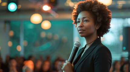A beautiful businesswoman seeking her colleagues input while delivering a speech at a seminar.
