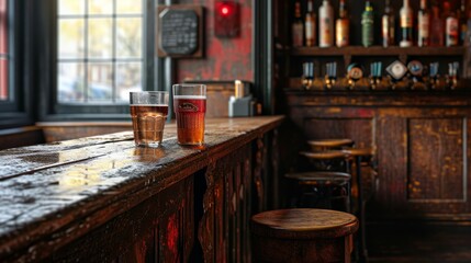 glass of lager beer stands at the bar in an old english or irish pub