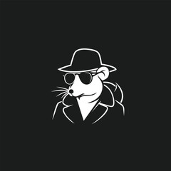 Black and white illustration of a rat detective wearing a hat and sunglasses