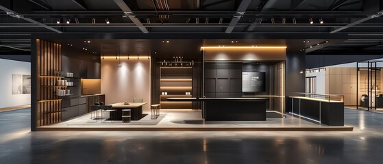 modern and simple exhibition booth incorporates sleek product display cabinets for a minimalist, sophisticated presentation