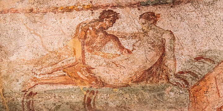 Pompeii, Italy. Fresco Sex Scene On Wall Of Lupanar Of Pompeii