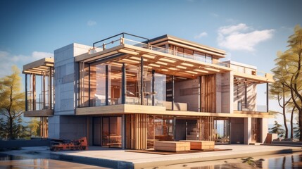 Obraz premium vision of architecture of a 3d model house project with blueprint