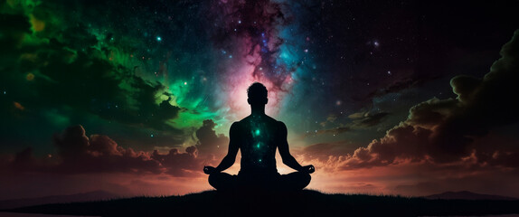 Silhouette human lotus position, meditation space galaxy cloud nebula, cosmos background wallpaper © Plutmaverick
