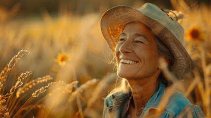 Portrait of a happy farmer female in his field, agricultural worker on the background