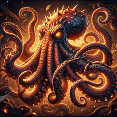 Obraz premium Vibrant Octopus: A Detailed Underwater Fantasy Art of Marine Life in Warm Light