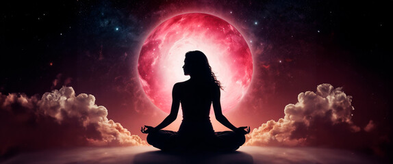 Silhouette human lotus position, meditation space galaxy cloud nebula, cosmos background wallpaper