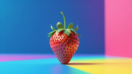 A strawberry with a green stem on a multicolored surface with abstract vibrant background.