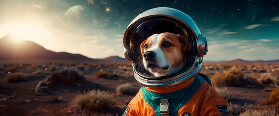 Dog in a spacesuit Colorful space galaxy cloud nebula, cosmos background wallpaper