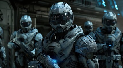 A group of futuristic soldiers wearing advanced armored suits with helmets and visors in a sci-fi environment