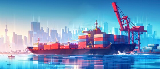 Obraz premium City port terminal showcases technology as a container ship docks in the bustling commercial port