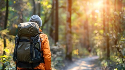 Fototapeta premium A traveler with a large backpack walks through a forest bathed in warm sunlight, suggesting adventure and exploration