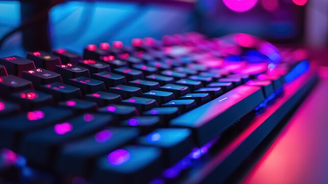 Close-up of a backlit gaming keyboard with neon blue and pink lights, focusing on the keys and providing a techy ambiance