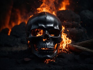 Black skull flames and embers 3D Illustration