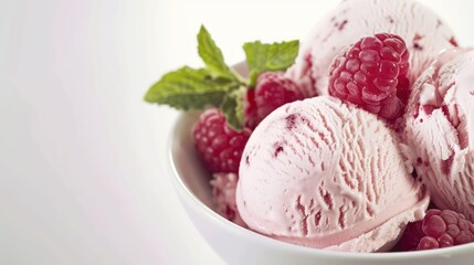 Delicious scoops of raspberry ice cream with fresh berries and mint leaves served in a white bowl on a light background