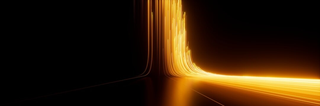 3d render, abstract neon wallpaper. Yellow glowing lines over black background. Streaming energy