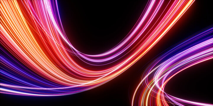 3d render. Abstract neon background of glowing curly lines. Modern wallpaper