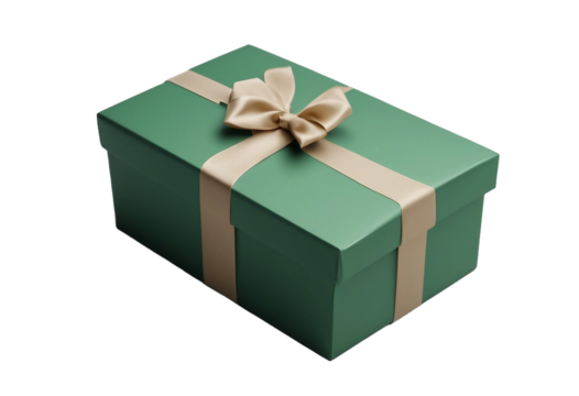 Green gift box isolated on transparent background cutout