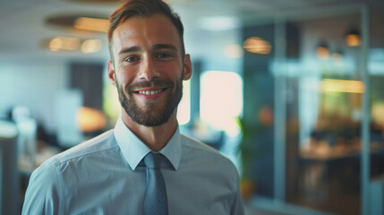 Obraz premium A man wearing a blue shirt and a tie is smiling for the camera