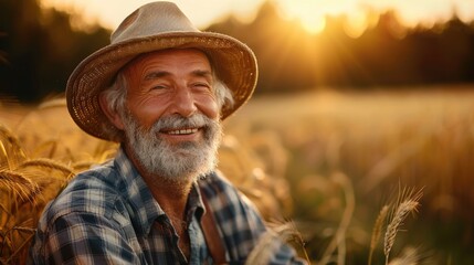 Fototapeta premium Portrait of a happy farmer male in his field, agricultural worker on the background