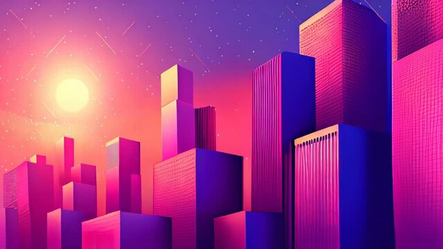 A bright and colorful cityscape with tall buildings in neon pink and purple tones. The sun rises in the background, creating a sunset or sunrise atmosphere.