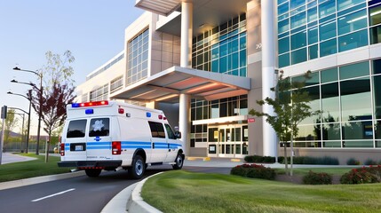 Fototapeta premium Emergency ambulance arrives at a modern hospital entrance, ready for immediate medical assistance.