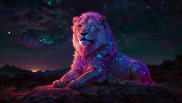 Video wallpaper - A regal lion with a starry mane lying on a rock, with a night sky full of constellations in the background.
