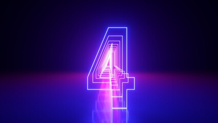 3d render, linear symbol, neon number four glowing in the dark with ultraviolet light, pink blue...