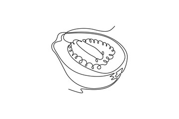 Single continuous line drawing half sliced healthy organic java guava for orchard logo identity. Fresh tropical fruit concept for garden icon. Dynamic one line draw graphic design vector illustration