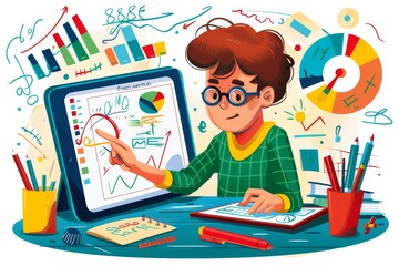 Illustration of a student using a tablet to analyze data presented in graphs and charts