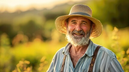 Fototapeta premium Portrait of a happy farmer male in his field, agricultural worker on the background