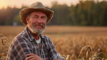 Fototapeta premium Portrait of a happy farmer male in his field, agricultural worker on the background