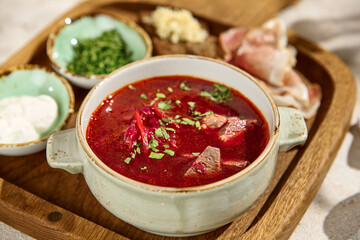Authentic borscht with salo Sunlit Still Life Captures Rustic Aesthetic and Natural Texture