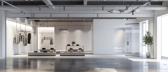 big poster commands attention within the white interior of the clothing shop, accentuating its sophisticated and stylish atmosphere