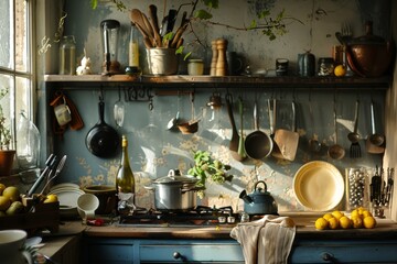 Rustic kitchen scene, homely and appetizing, bathed in afternoon light. Still life exuding vibrant charm.
