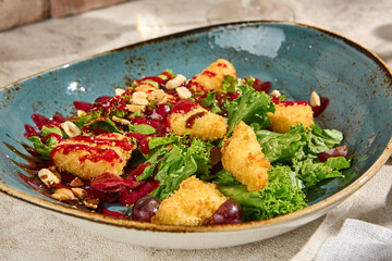 Authentic Tempura Cheese Salad with Grapes - Still Life Aesthetic in Natural Sunlight
