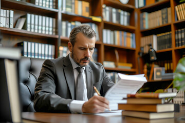 male attorney sitting in a law office reading legal documents with attention