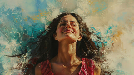 A woman with long hair is smiling and looking up at the sky