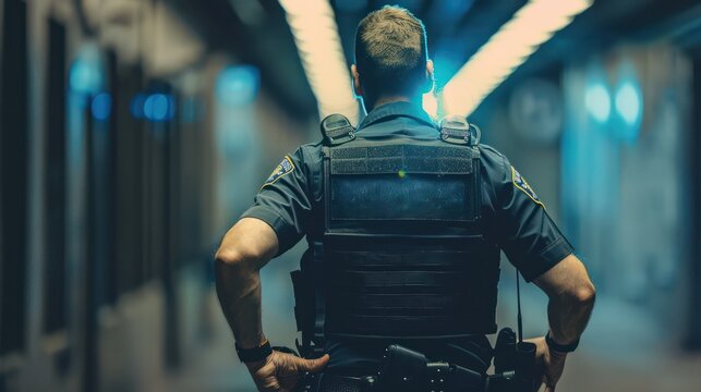 A back view of a police officer in uniform, standing in a dimly lit corridor with neon lights, conveying a sense of authority and vigilance