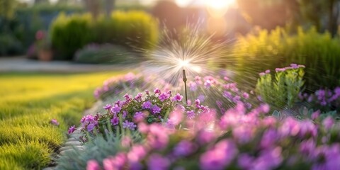 Obraz premium Sprinkler system installed in a home garden for efficient watering of plants and grass. Concept Gardening, Watering Systems, Home Improvement, Sustainable Practices