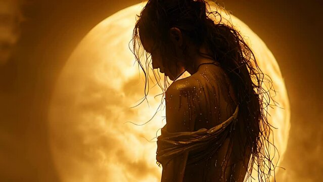 Silhouette of a witch against the backdrop of a huge full moon. The sky is filled with mystical light, a magical magical atmosphere.