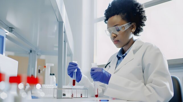 Female scientist examining blood samples in a modern laboratory, focused on scientific research.