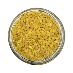 Bulgur grains in a bowl png on a transparent background. Isolated. Top view