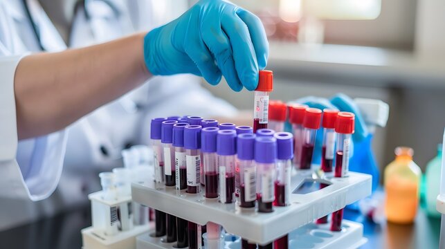 Lab technician handling blood samples for testing in a clinical laboratory setting.