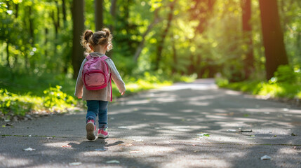A little girl is walking down a path with a pink backpack