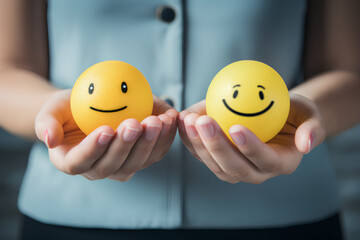 Emotional intelligence, the balance of emotional control feelings between stress and sadness, women use their hands to balance smile emojis and sad emojis. 